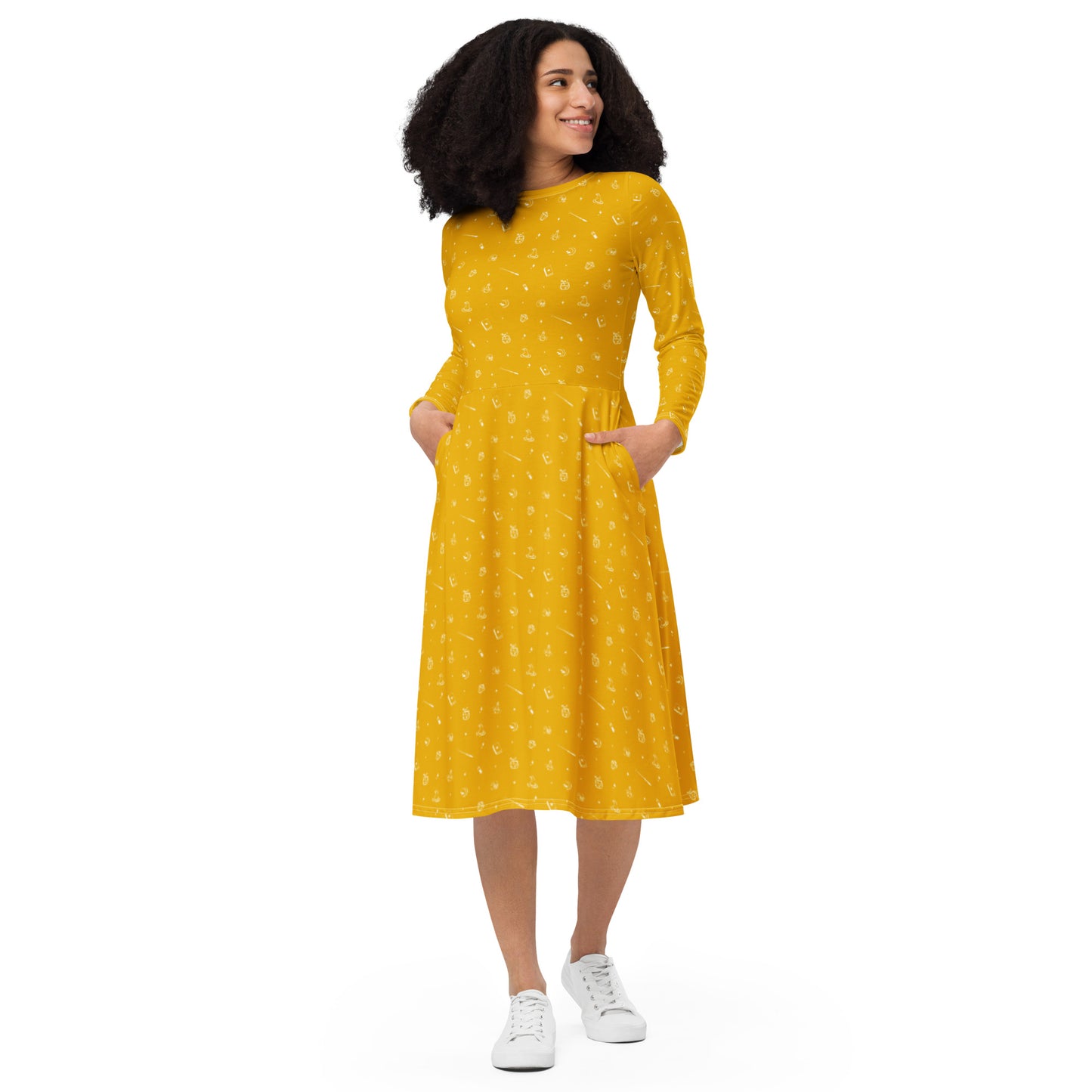 Witchy pattern - yellow long sleeve midi dress