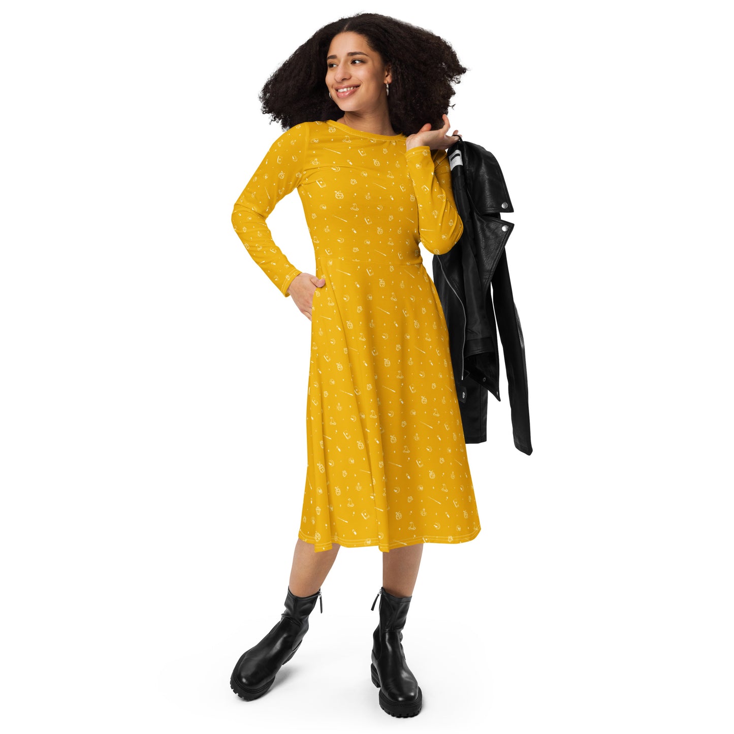 Witchy pattern - yellow long sleeve midi dress
