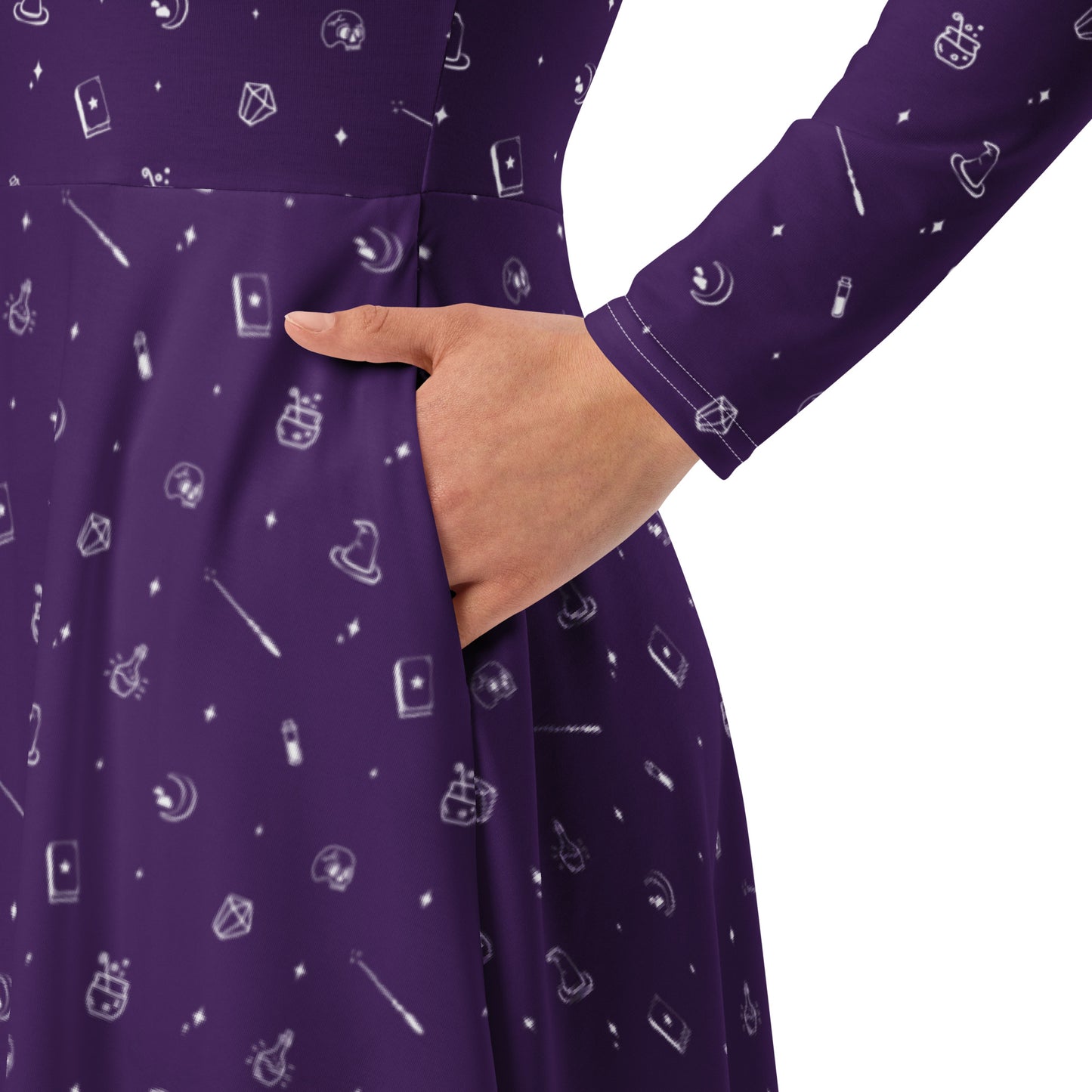 Witchy pattern purple long sleeve midi dress