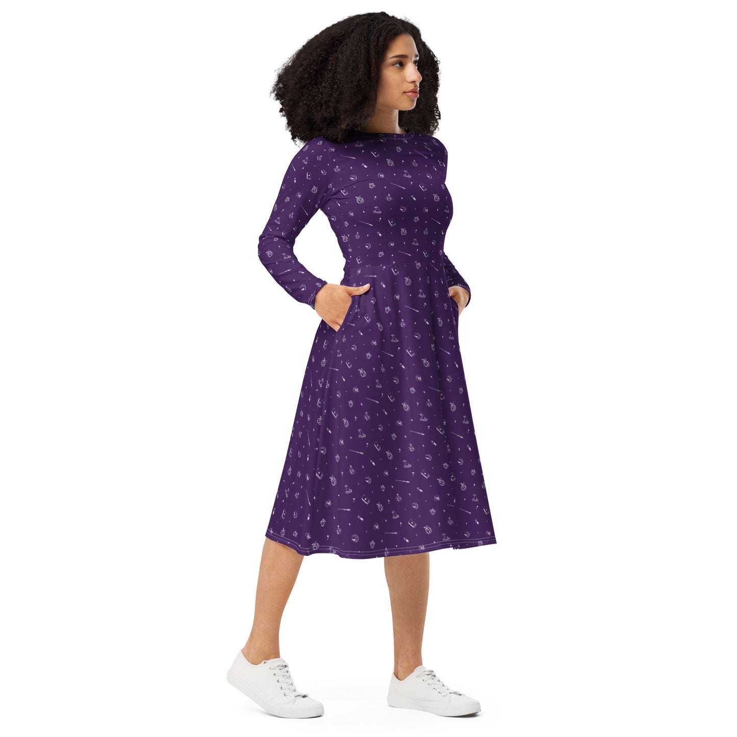 Witchy pattern purple long sleeve midi dress